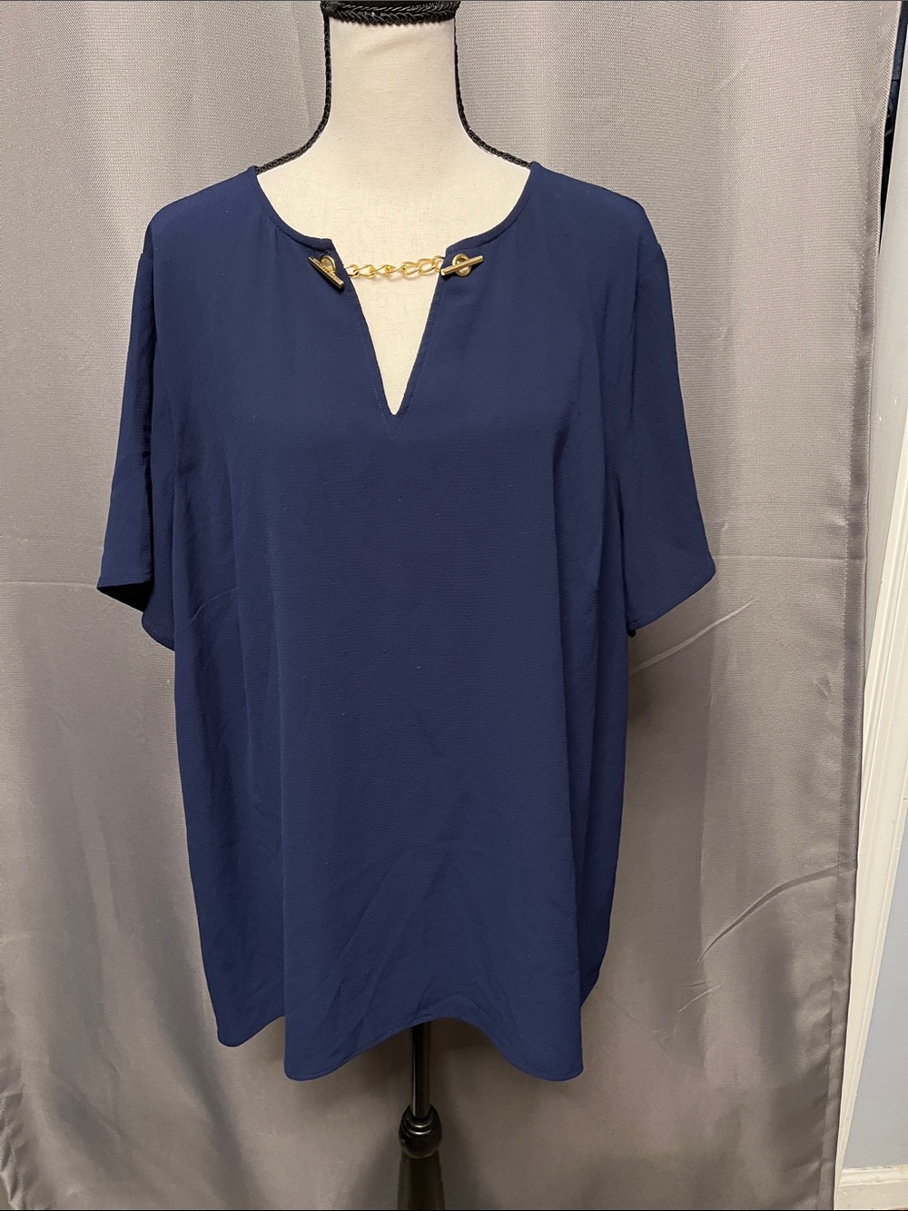 Michael Kors Navy Short-Sleeve Blouse with Gold Chain Accent